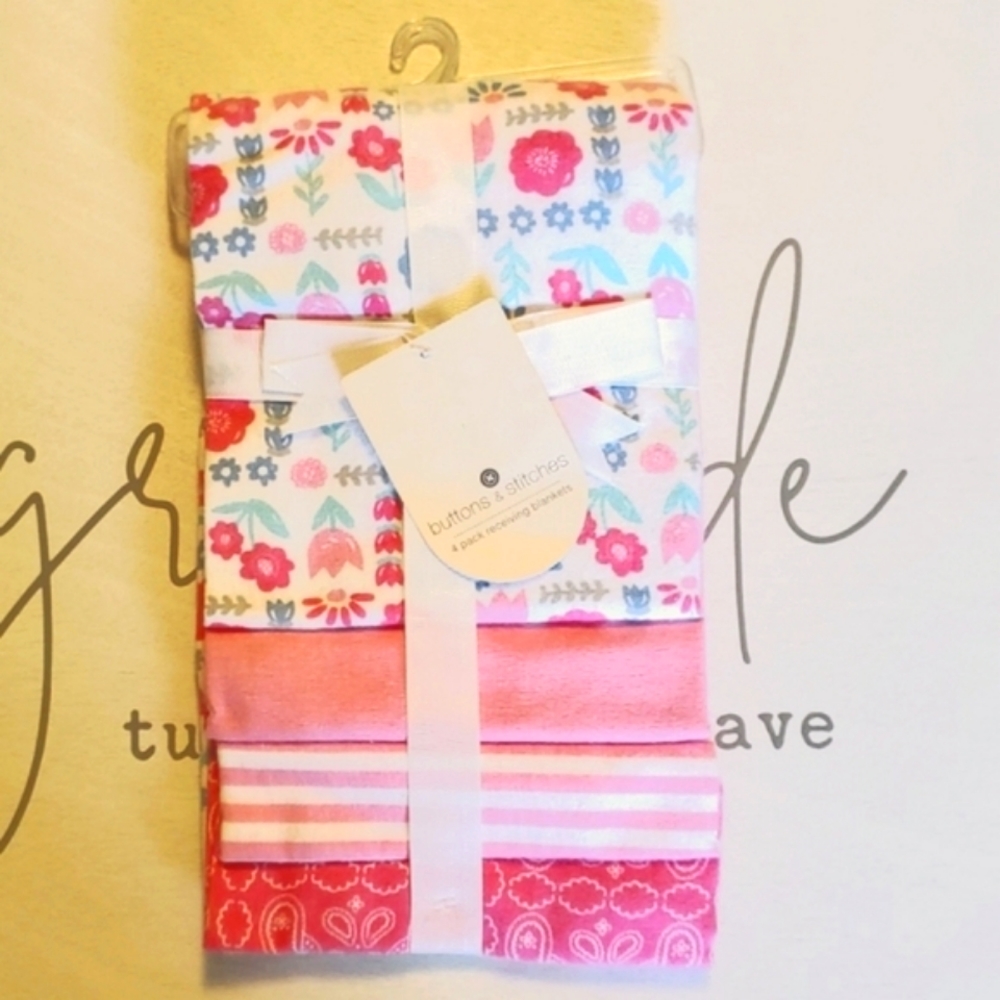 buttons & stitches Girls Floral, Striped & Pink Receiving Blankets, 4 pack